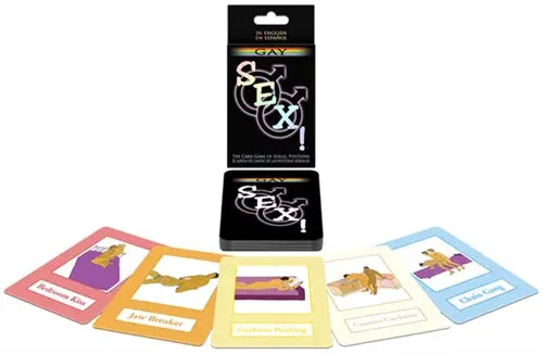 Gay Sex! card game box and assorted playing cards, colorful illustrated faces