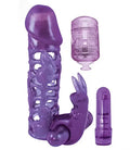 Purple penis extender sleeve with textured interior and flared tip, includes small insert piece