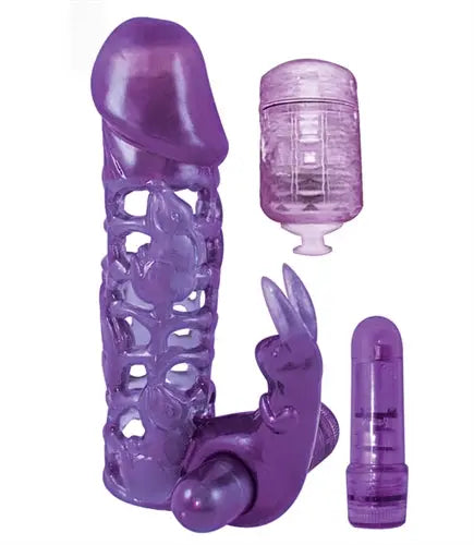 Purple penis extender sleeve with textured interior and flared tip, includes small insert piece