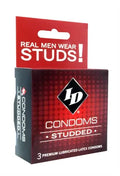 Studded latex condom box, 3 premium lubricated condoms, ID logo