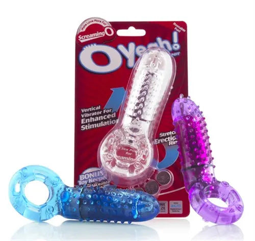 O Yeah! vibrating pleasure toy in translucent blue and purple, curved with raised bumps