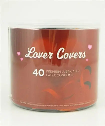 Condom jar labeled Lover Covers, 40 premium lubricated latex condoms