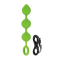 Green silicone anal plug with three bulb shapes and loop tail; black USB cable