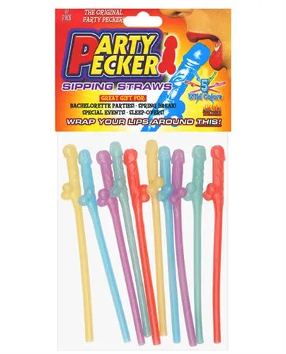 Party Pecker sipping straws set, 10 assorted-color plastic straws in a bag