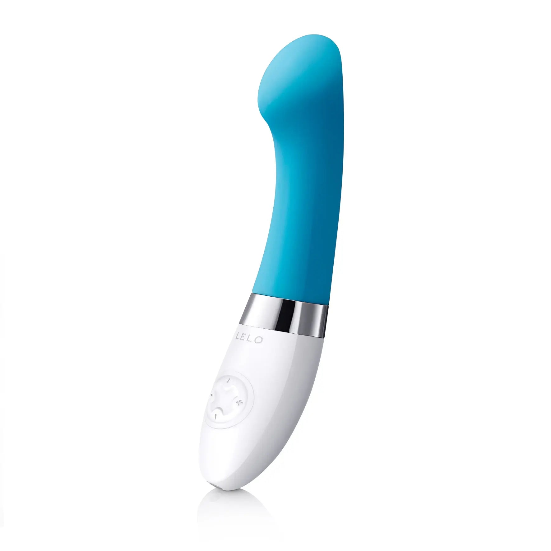 Turquoise blue silicone handheld massager with white base and chrome ring