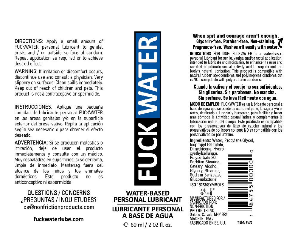 Fuck Water Water-Based Lubricant - 2 Fl. Oz. – body-safe materials | Fu'Cha Exotics