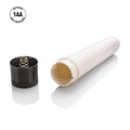 Intimacy massager with pale cylindrical body and open end; view of inner spring core