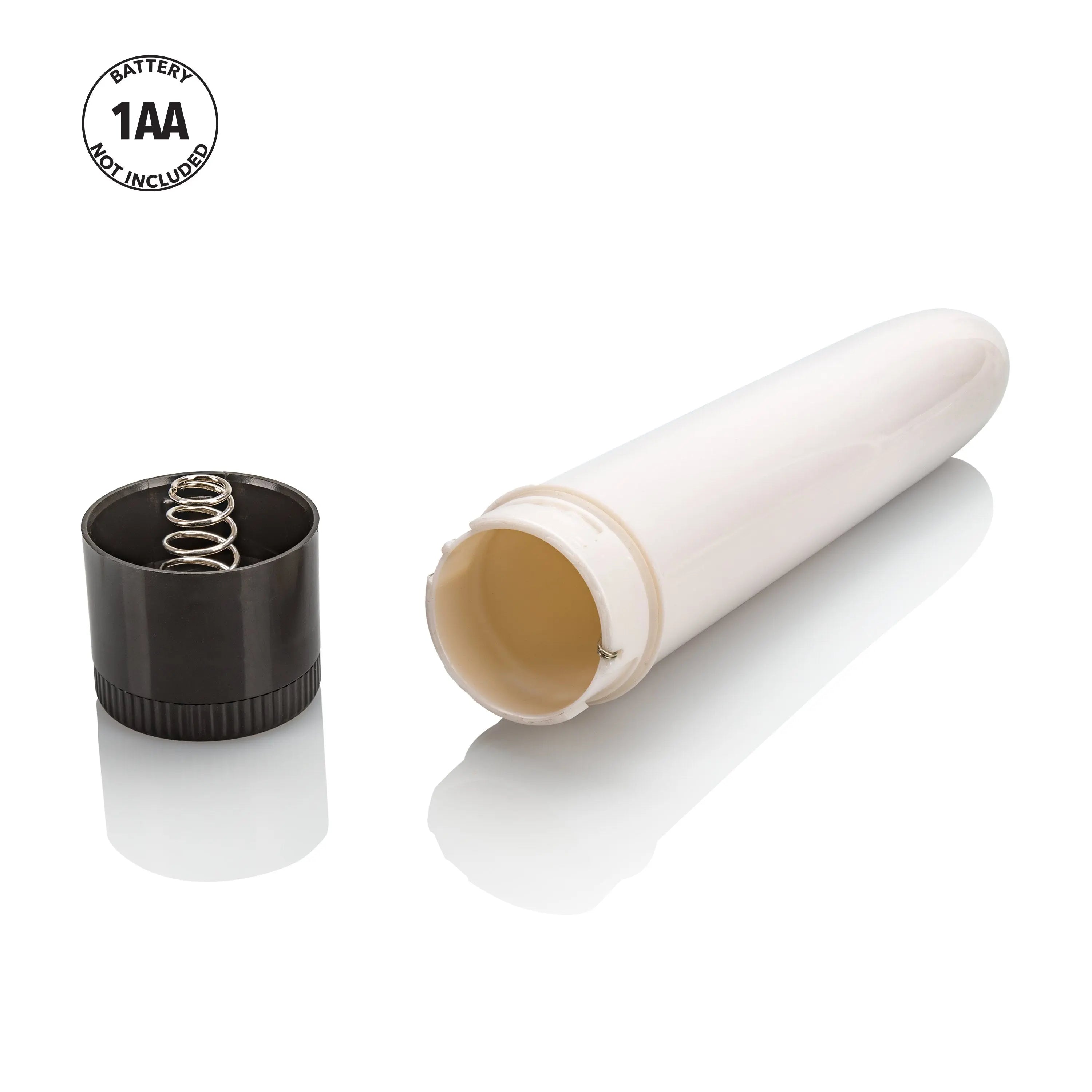 Intimacy massager with pale cylindrical body and open end; view of inner spring core