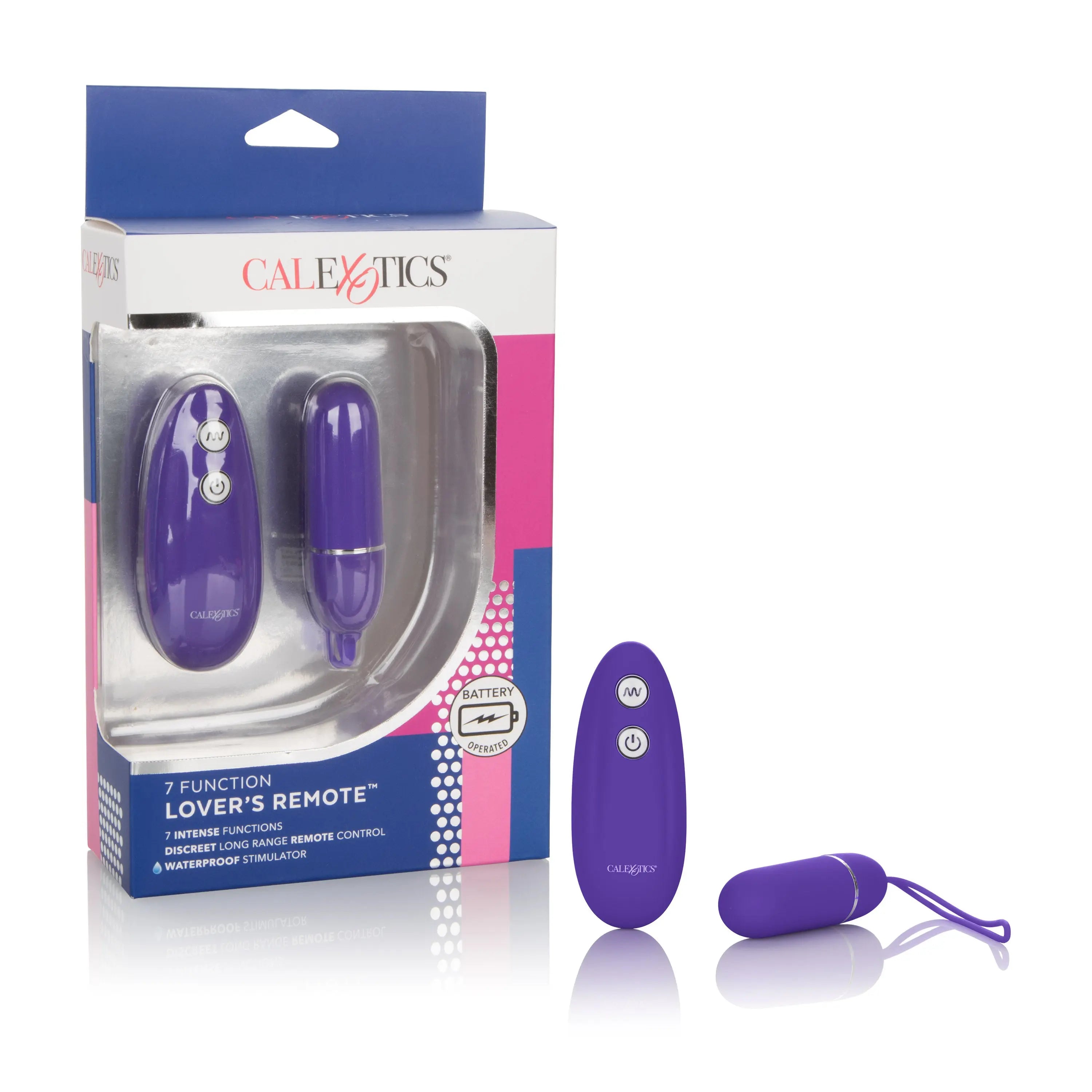 Purple waterproof remote control with two-piece vibrator and lanyard, in retail box