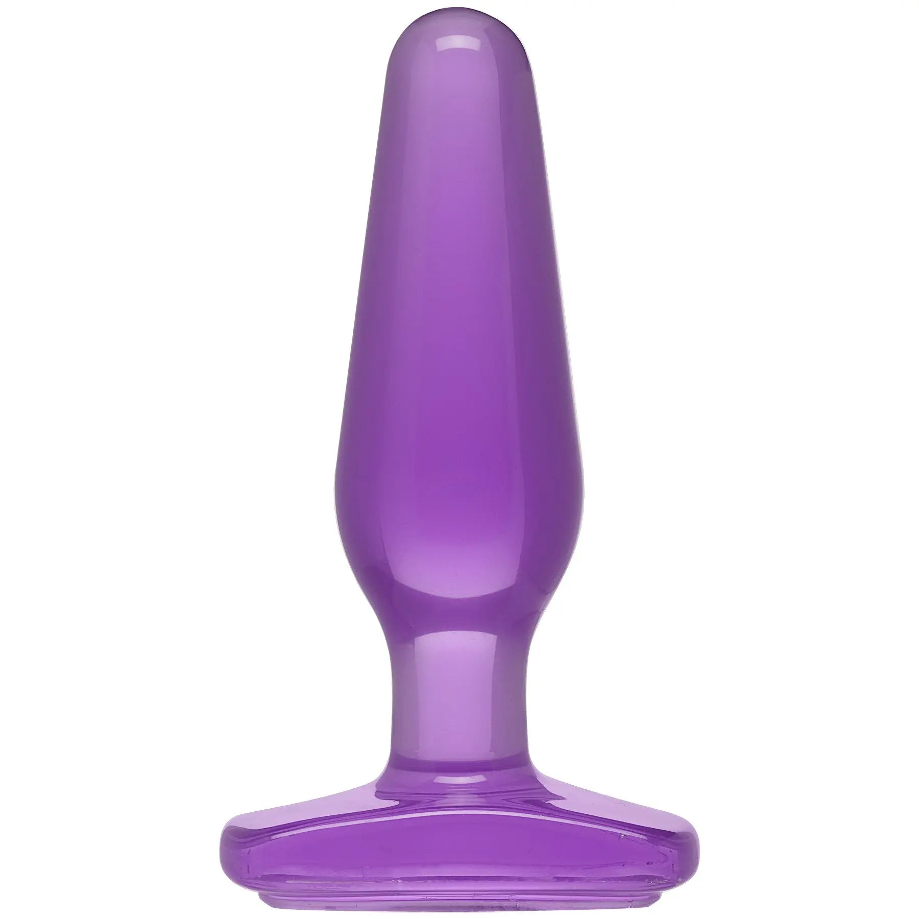 Purple crystal jelly butt plug with flared base and rounded tip, glossy medium size
