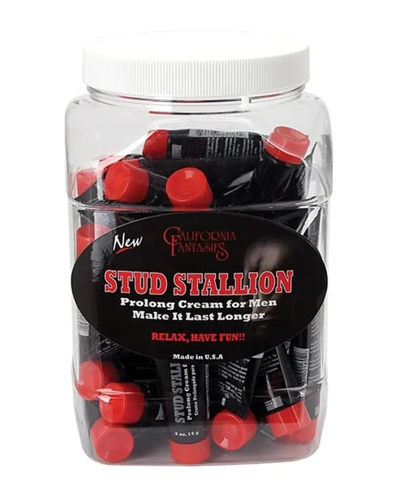 Male enhancement pills in clear tub with white lid; red and black tablets