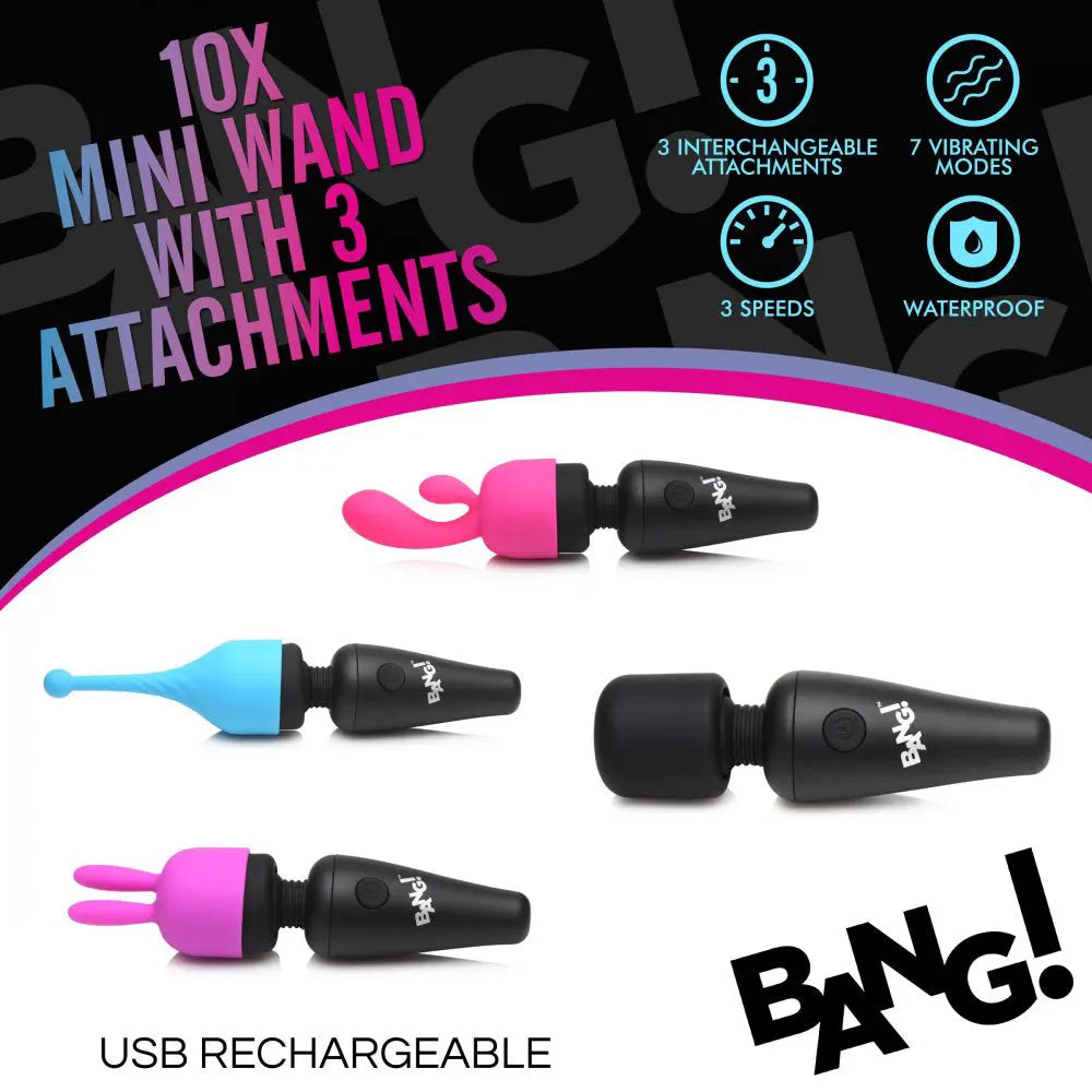 Bang - 10x Mini Wand With 3 Attachments – body-safe silicone 10 vibration modes | Fu'Cha Exotics