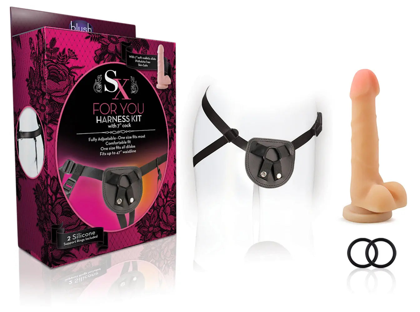 For You harness kit with black straps and matching pouch, plus beige 7-inch cock