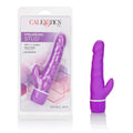 Purple curved double jack vibrator with ribbed grip and wide base