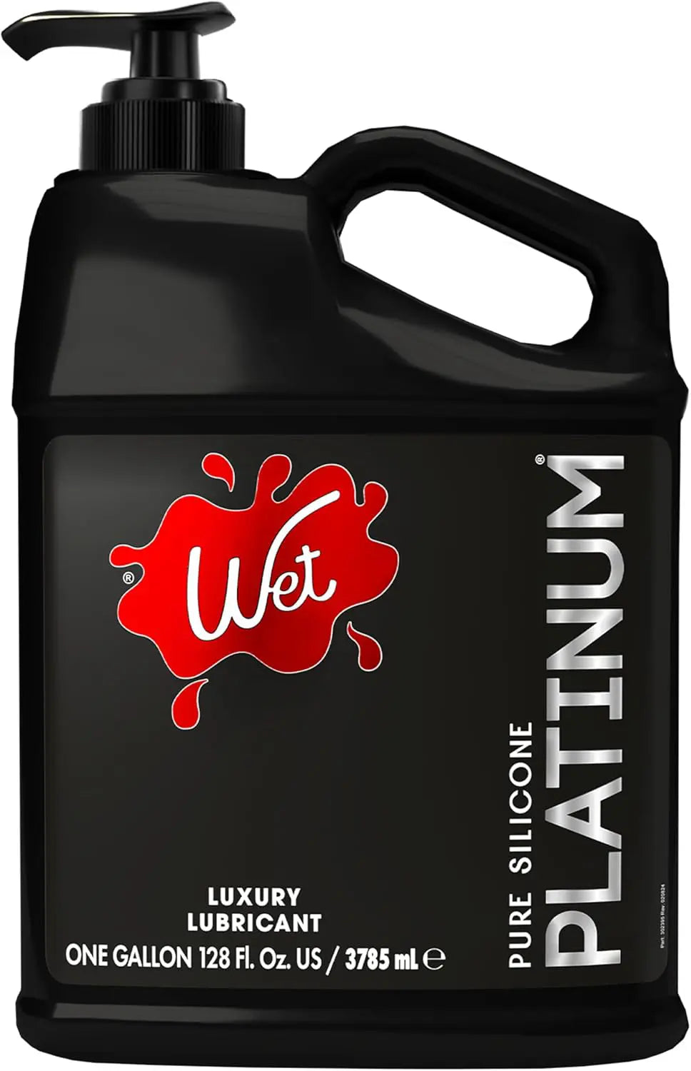 Black silicone lubricant gallon jug with pump, red Wet logo and Pure Silicone text