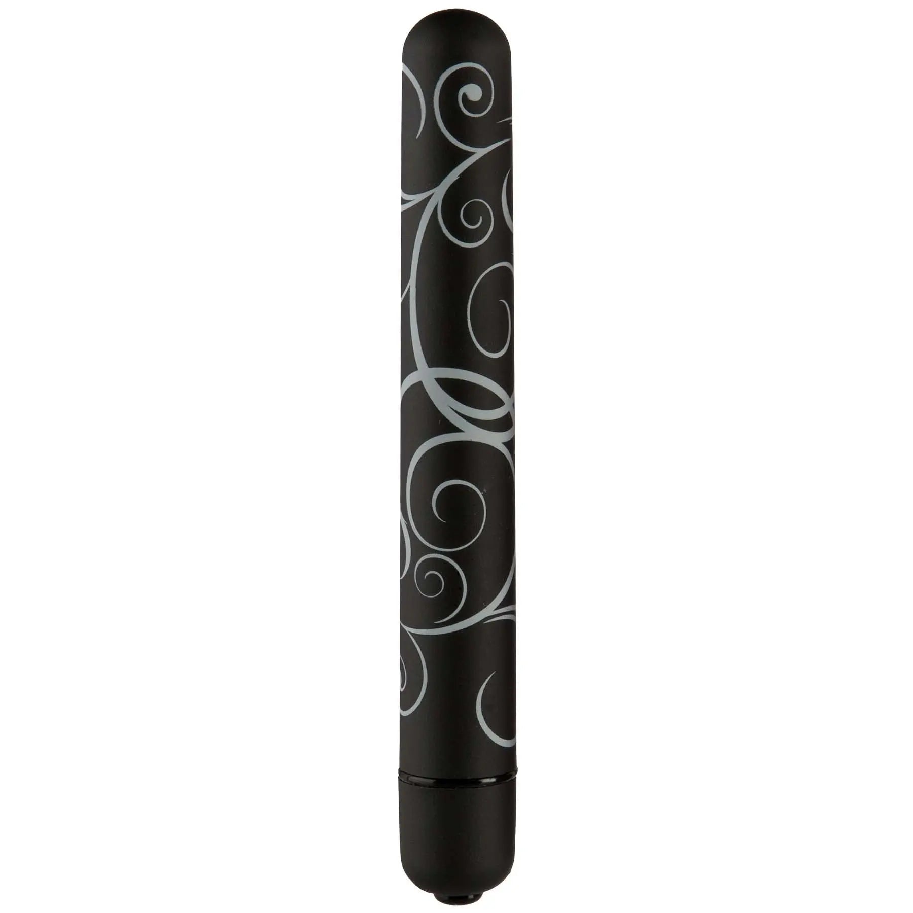 Black cylindrical personal massager with white swirl pattern and rounded end