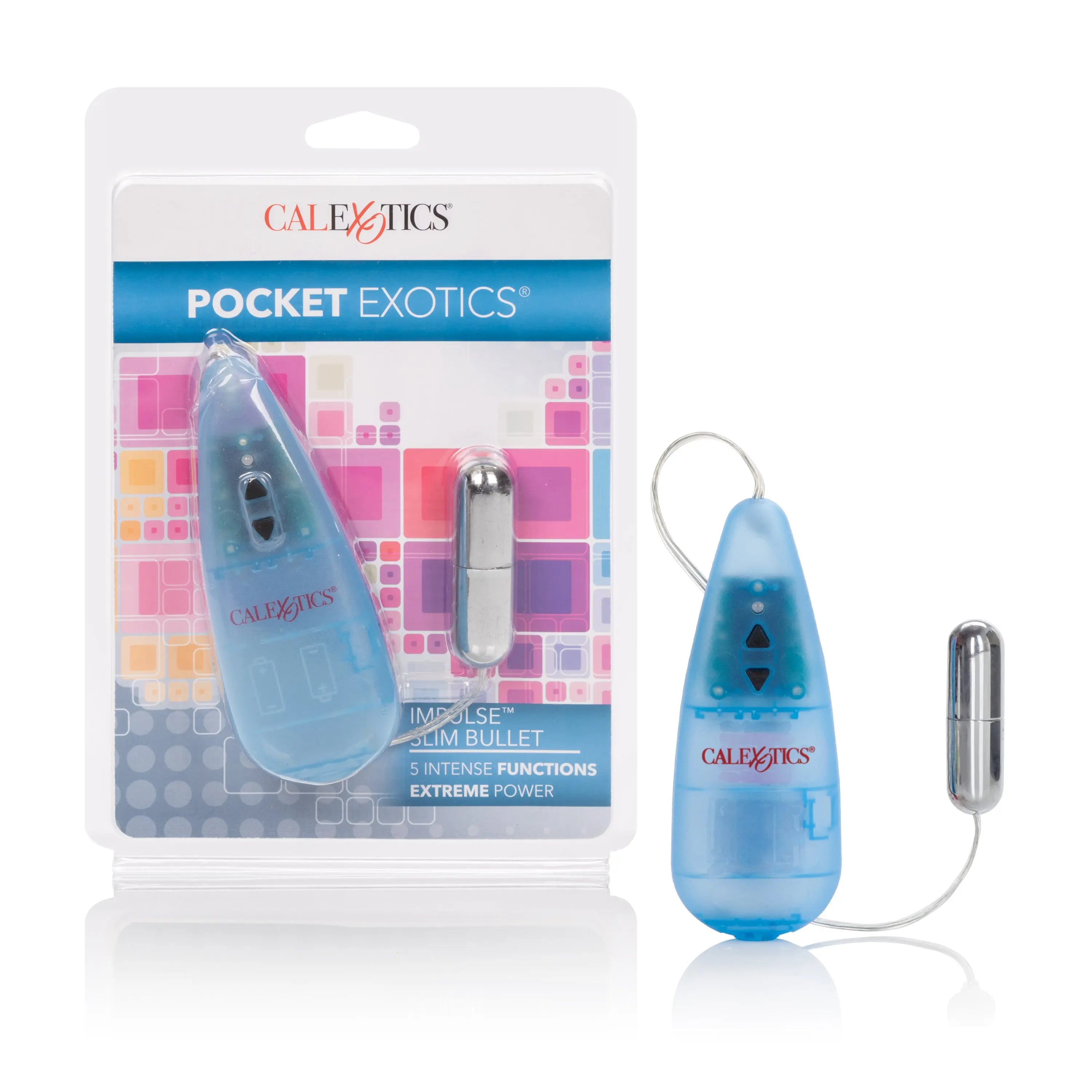 Pocket Exotics impulse slim bullet massager, blue capsule with triangular indicator