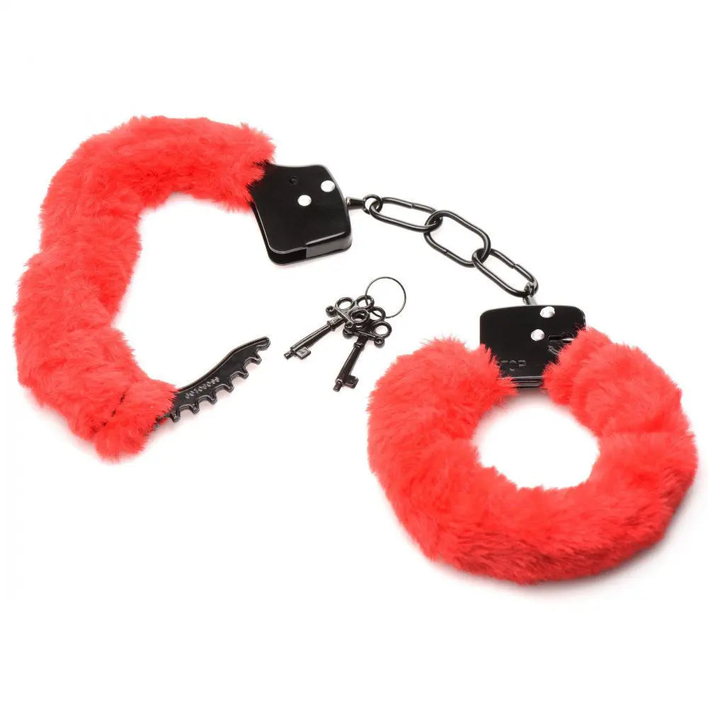 Cuffed in Fur Furry Handcuffs - Red – body-safe materials | Fu'Cha Exotics