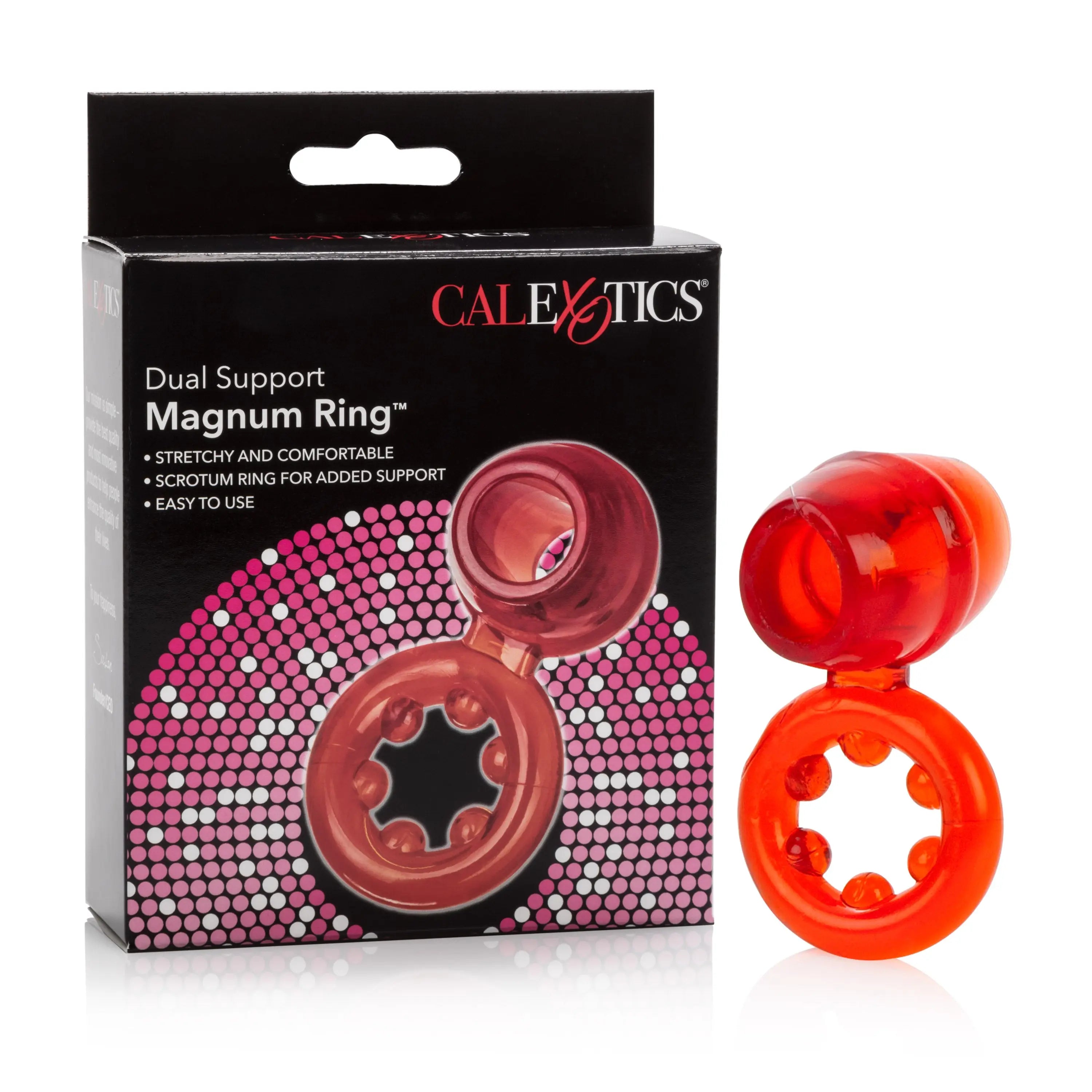 Red double-opening magnum ring with a wide outer band and textured grip