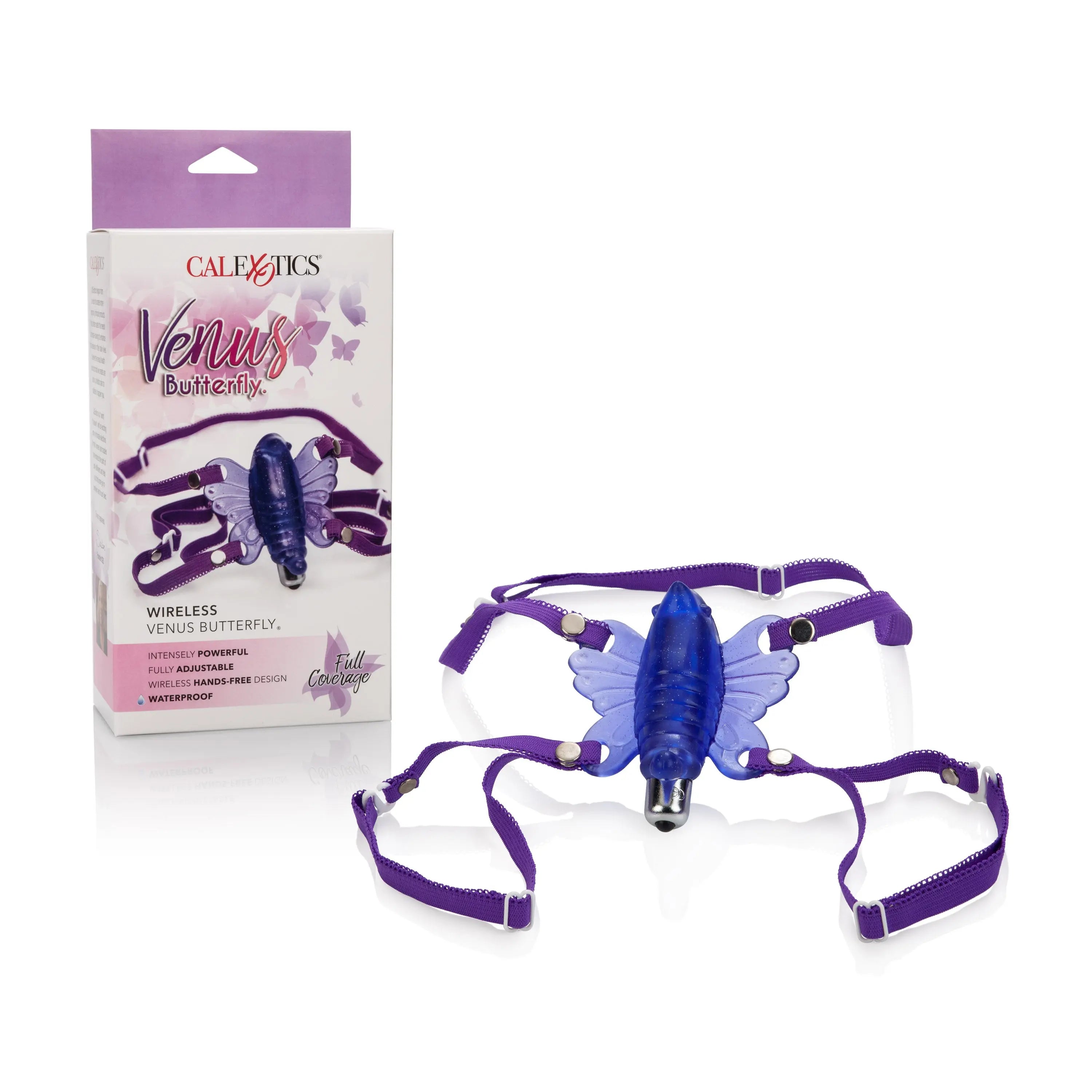 Wireless Venus butterfly wearable stimulator with purple straps and blue butterfly unit