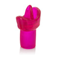 Pink clitoral massager toy with ridged grip and curved head
