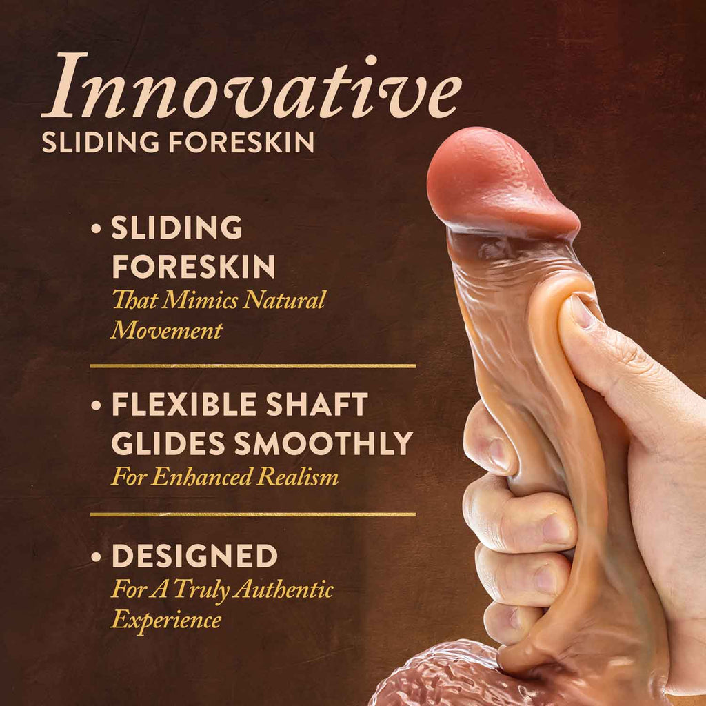 Renaissance - Raphael - 9.5 Inch Sliding Foreskin Dildo With Squeezable Balls - Tan – body-safe materials | Fu'Cha Exotics