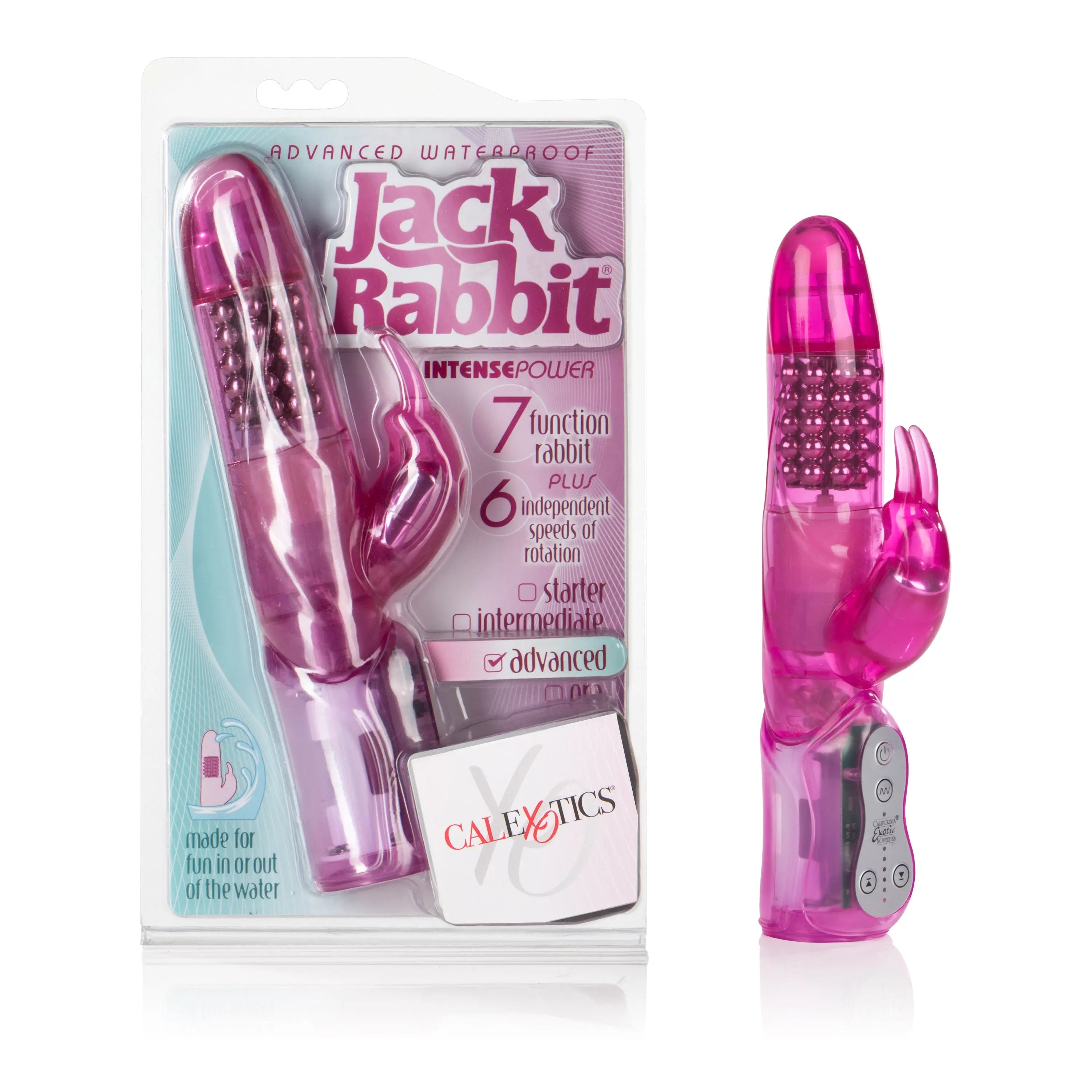 Pink rabbit-shaped waterproof massager with 5 rows of bead detailing