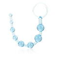Light blue glass bead anal plug with circular ring handle, curved U shape