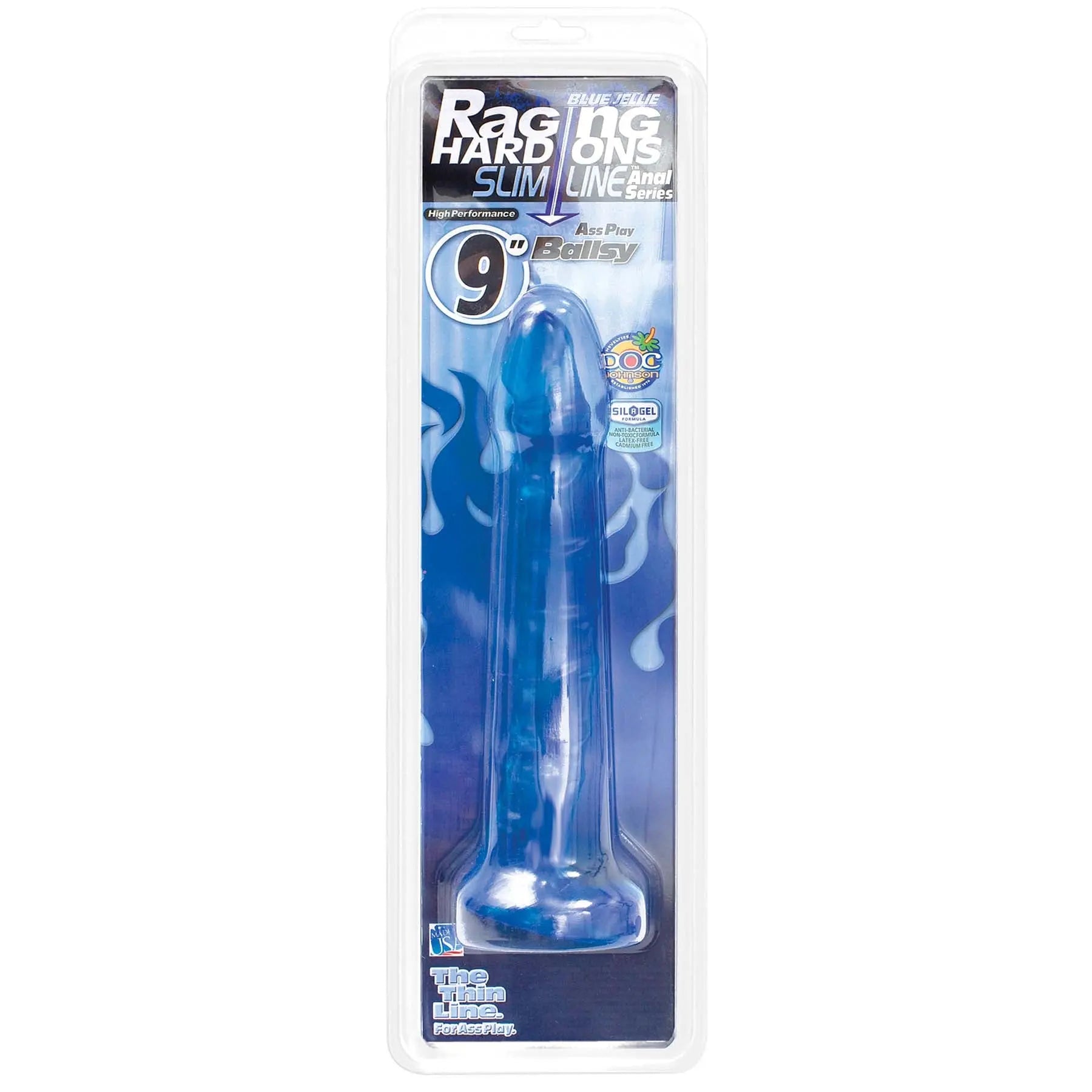 Raging Hard-Ons slimline jelly sex toy, cobalt blue, 9 inches, smooth design.