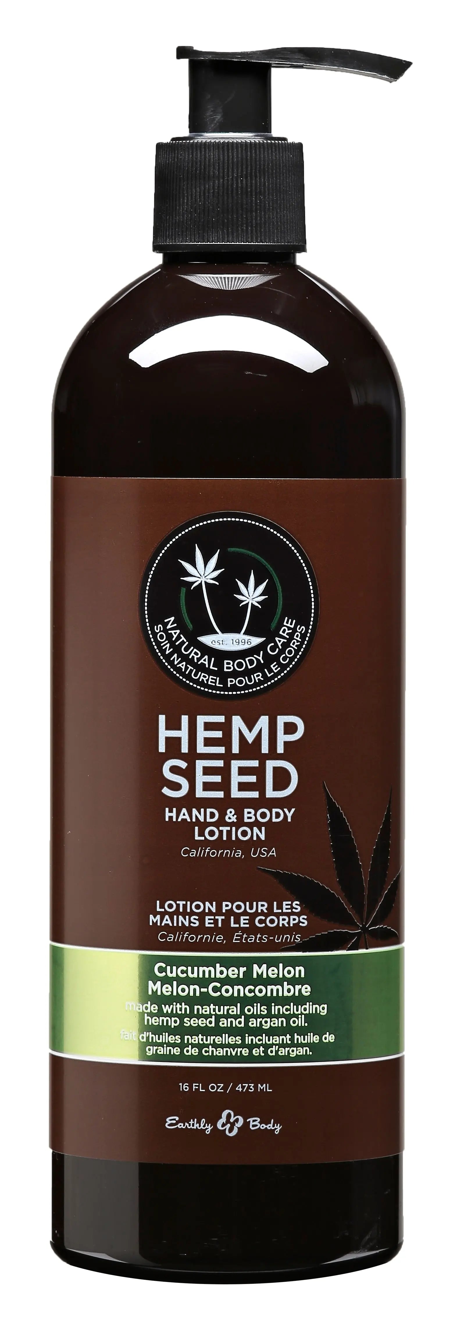 Hemp seed hand and body lotion bottle with pump, cucumber melon scent
