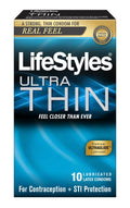 Ultra thin lubricated latex condom 10-pack box with blue Lifestyles branding