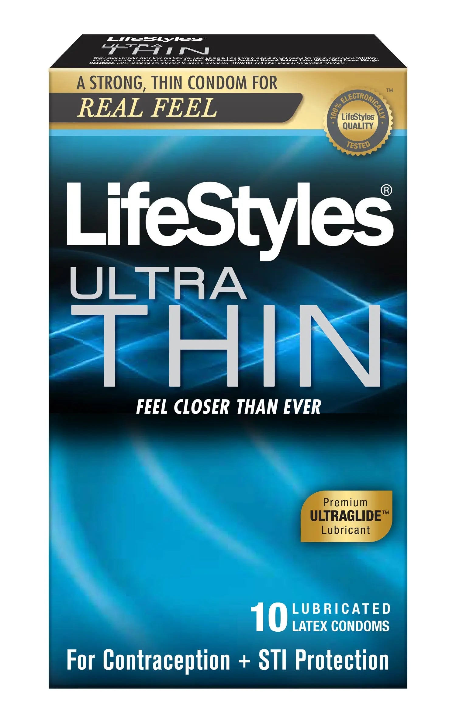 Ultra thin lubricated latex condom 10-pack box with blue Lifestyles branding