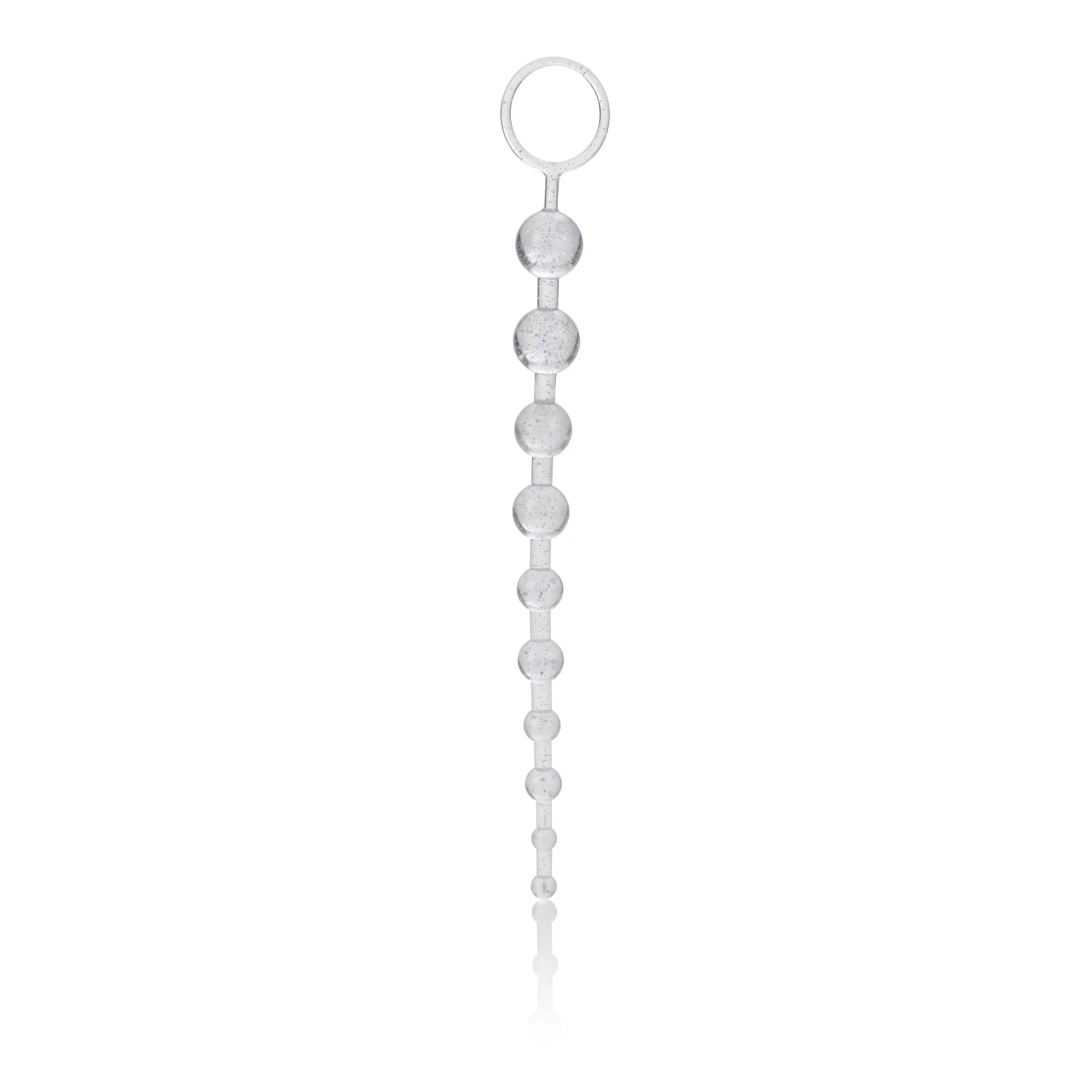 Beaded keychain with round silver-toned beads and loop ring