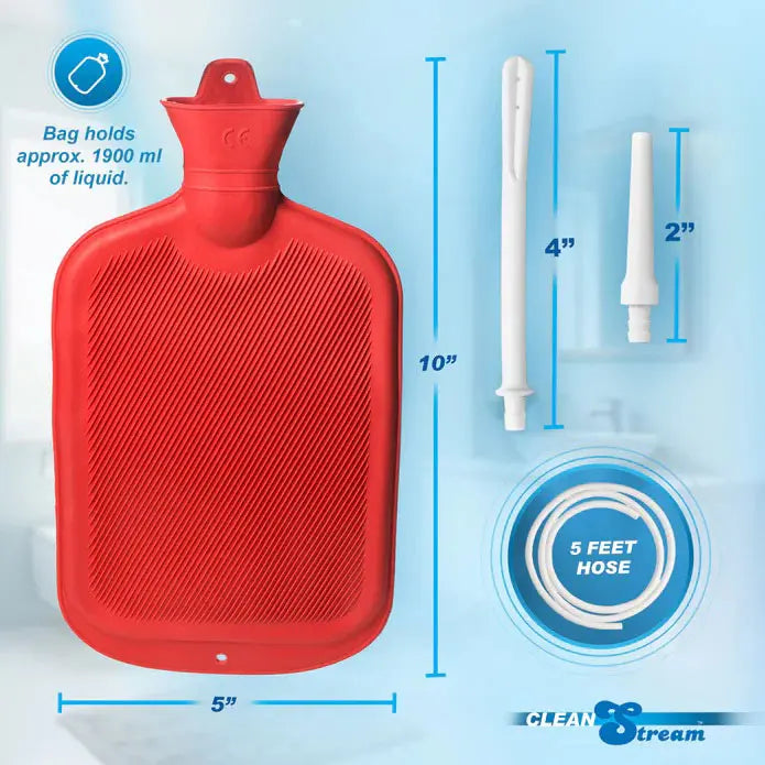 Red douche bottle with white nozzles, blue hose, and circular base ring