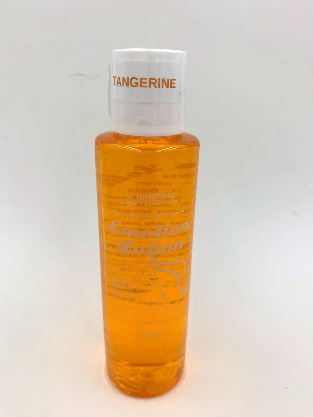 Tangerine scented lotion bottle with clear cap, amber orange liquid