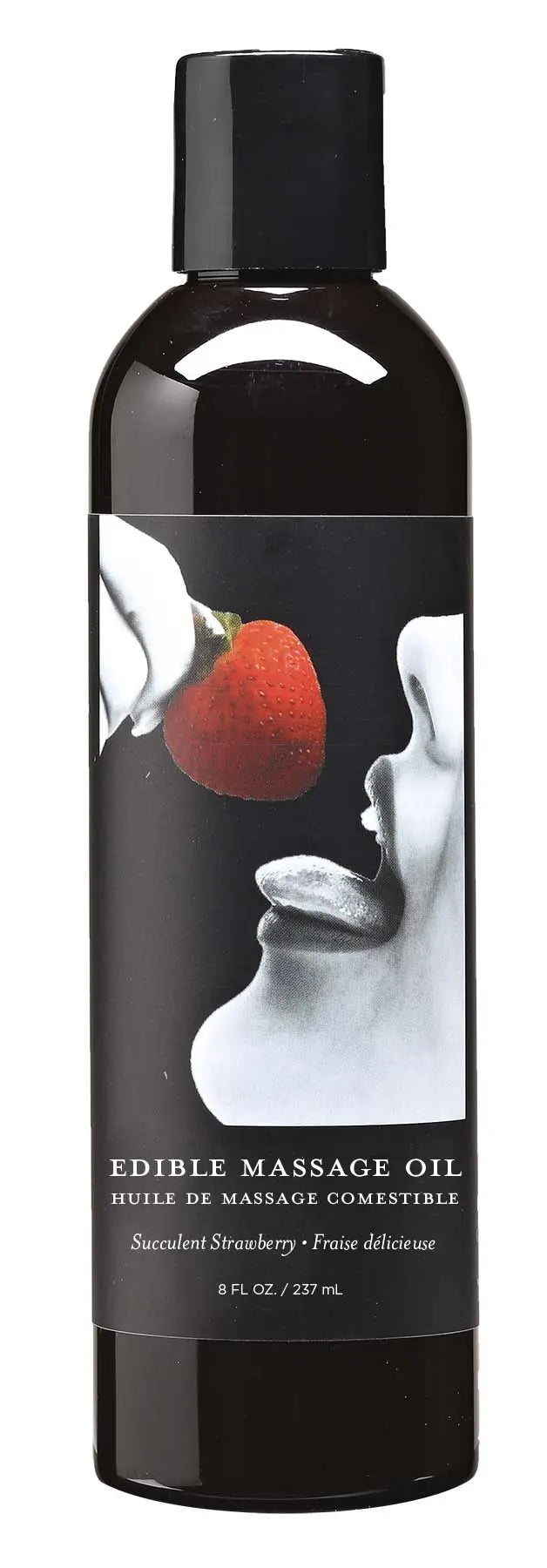 Edible massage oil bottle, 8 fl oz, black with strawberry graphic and flip-top cap