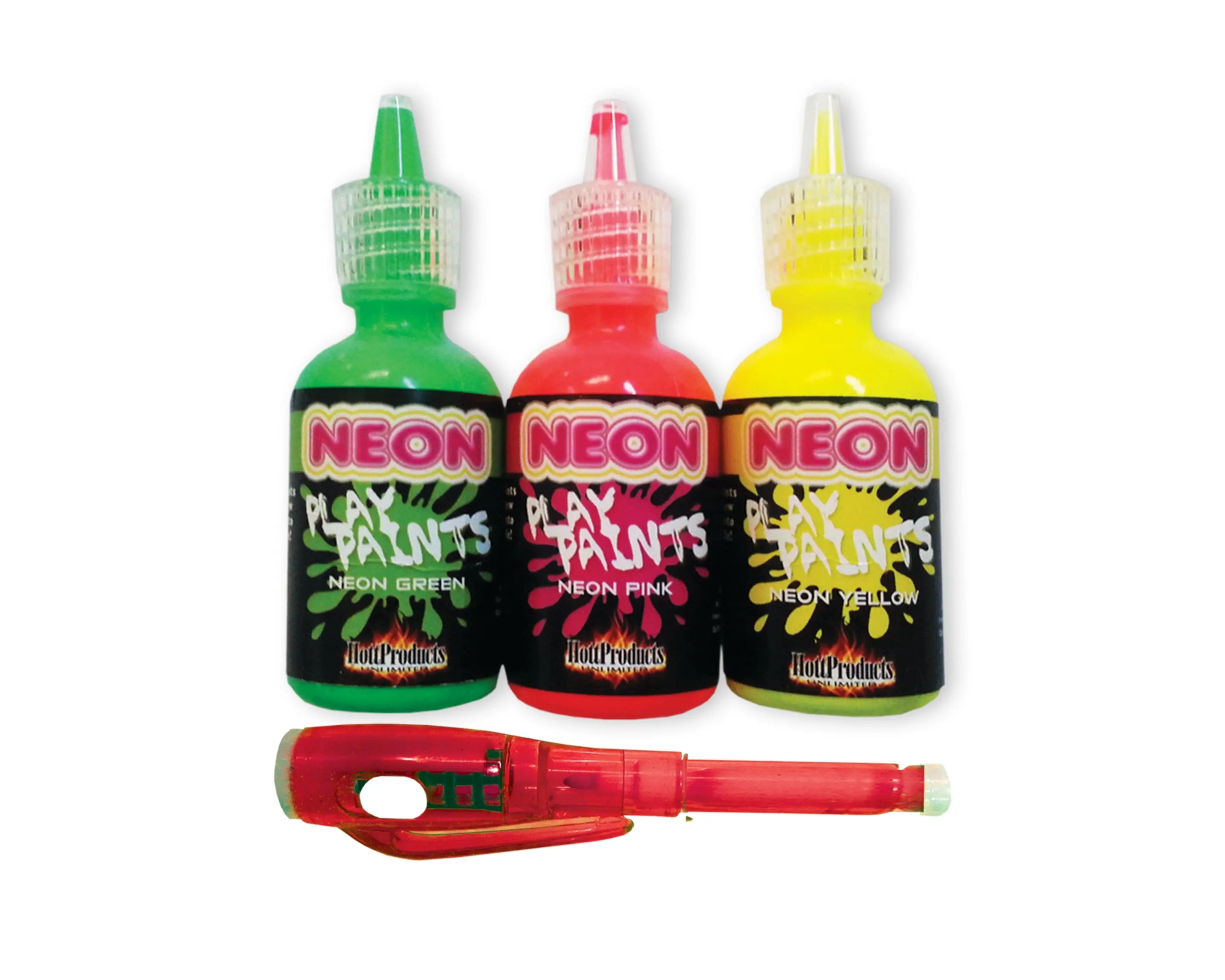 Set of neon play paint bottles (green, pink, yellow) with red applicator pen