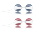 Two round bead accessories with white connector and blue and pink beads on strings