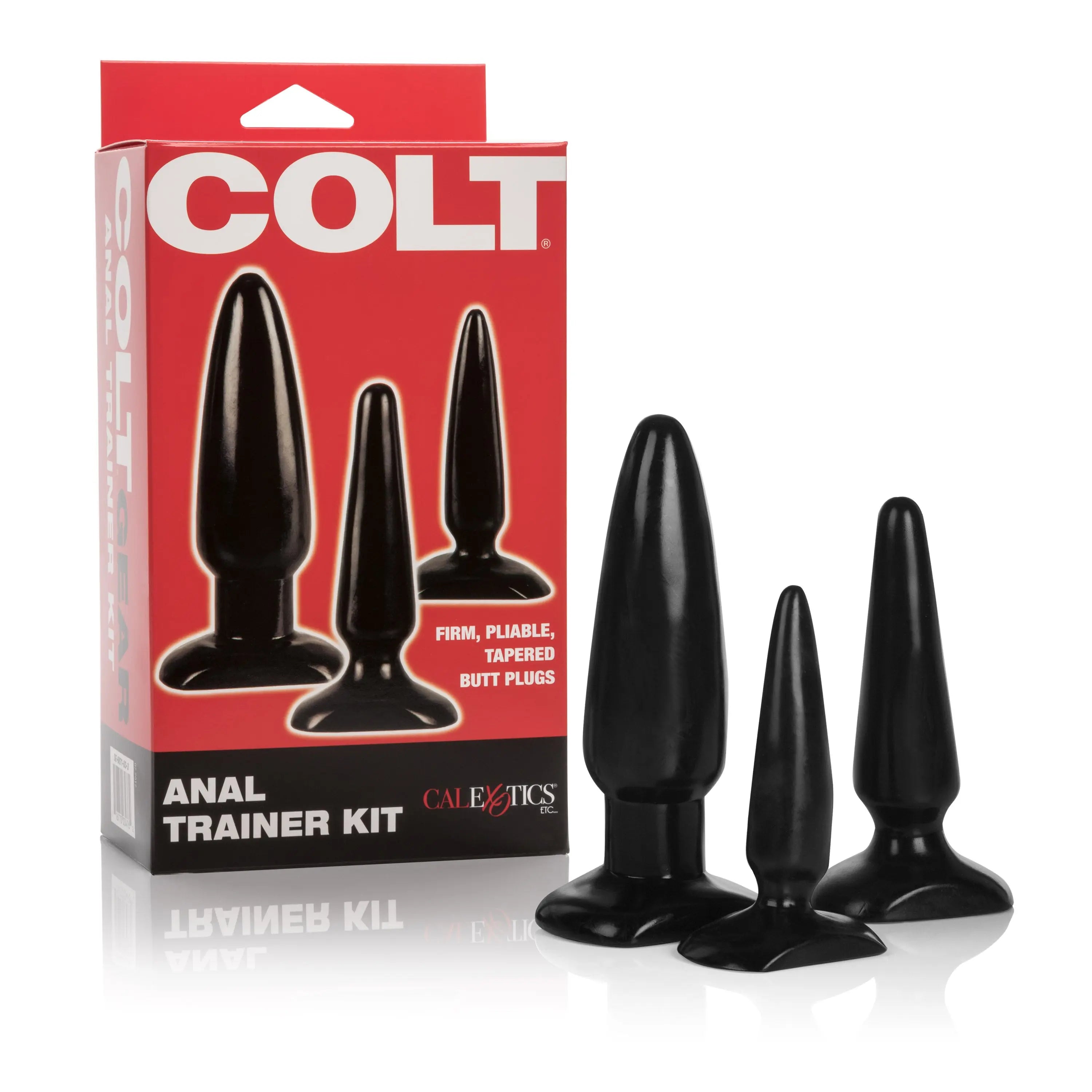Anal trainer kit with four black silicone plugs, assorted shapes, firm flexible tips