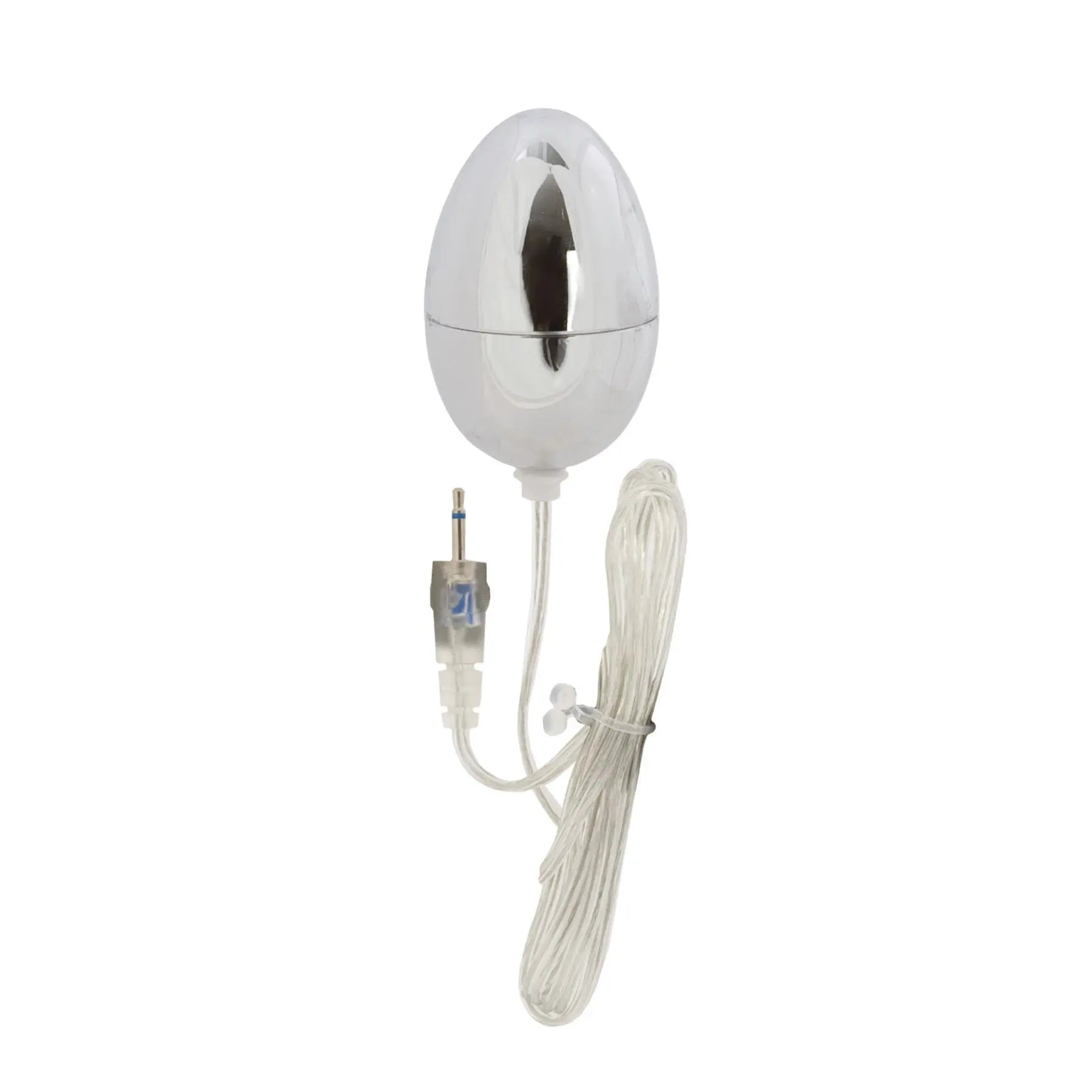 Silver egg-shaped decorative lamp with chrome cap, clear cord, and plug