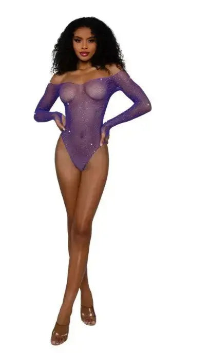 Rhinestone Off Shoulder Bodystocking - Os - Ultra Violet – nylon | Fu'Cha Exotics