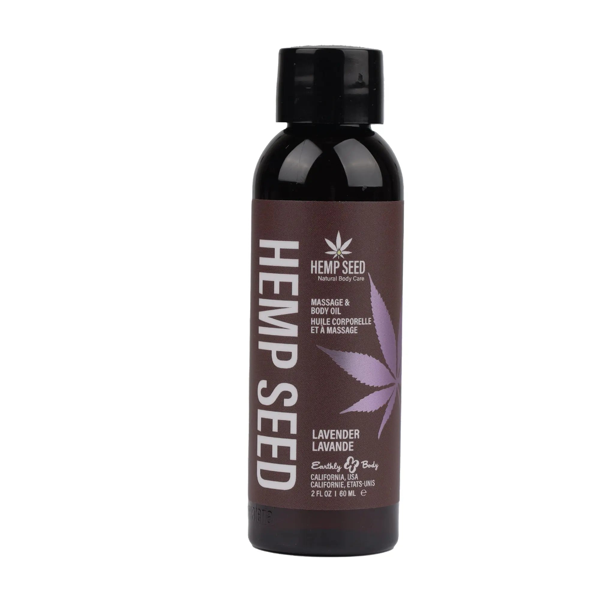 Lavender hemp seed massage and body oil bottle, 2 fl oz, dark label, black cap.