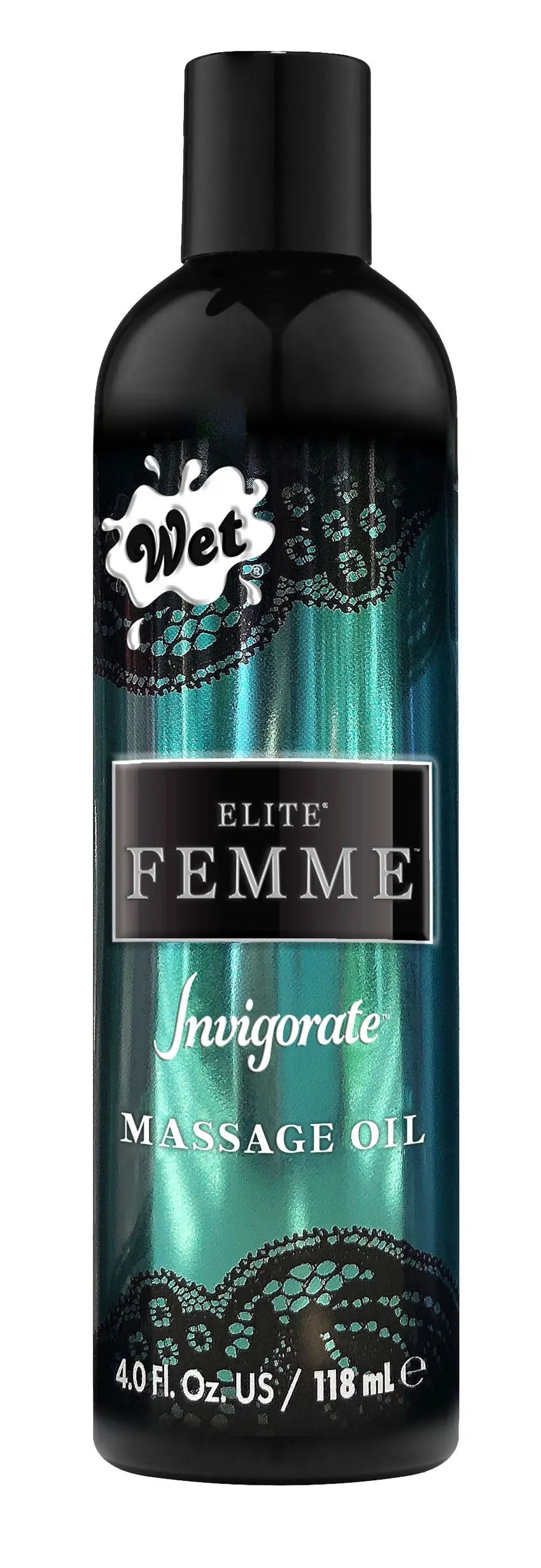 Massage oil bottle, Elite Femme Invigorate by Wet, 4 fl oz, teal label