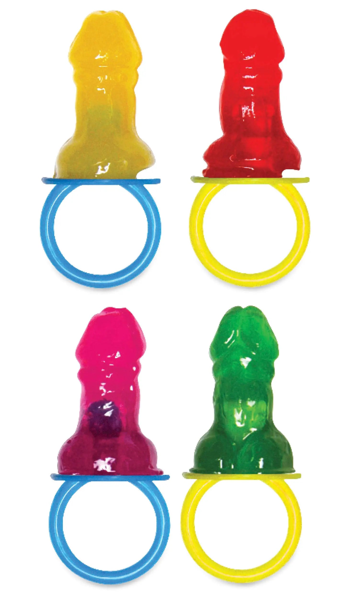 Novelty pacifier candy set with four colored rings: yellow, red, pink, green.