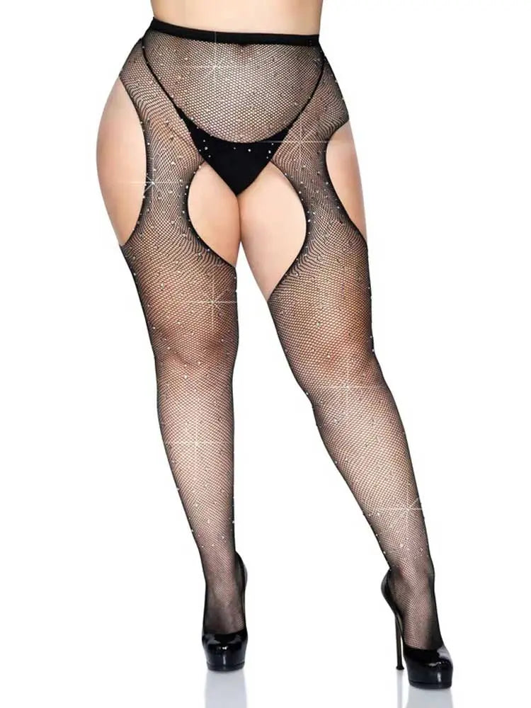 Casey Rhinestone Fishnet Suspender Pantyhose - Queen - Black – body-safe materials | Fu'Cha Exotics