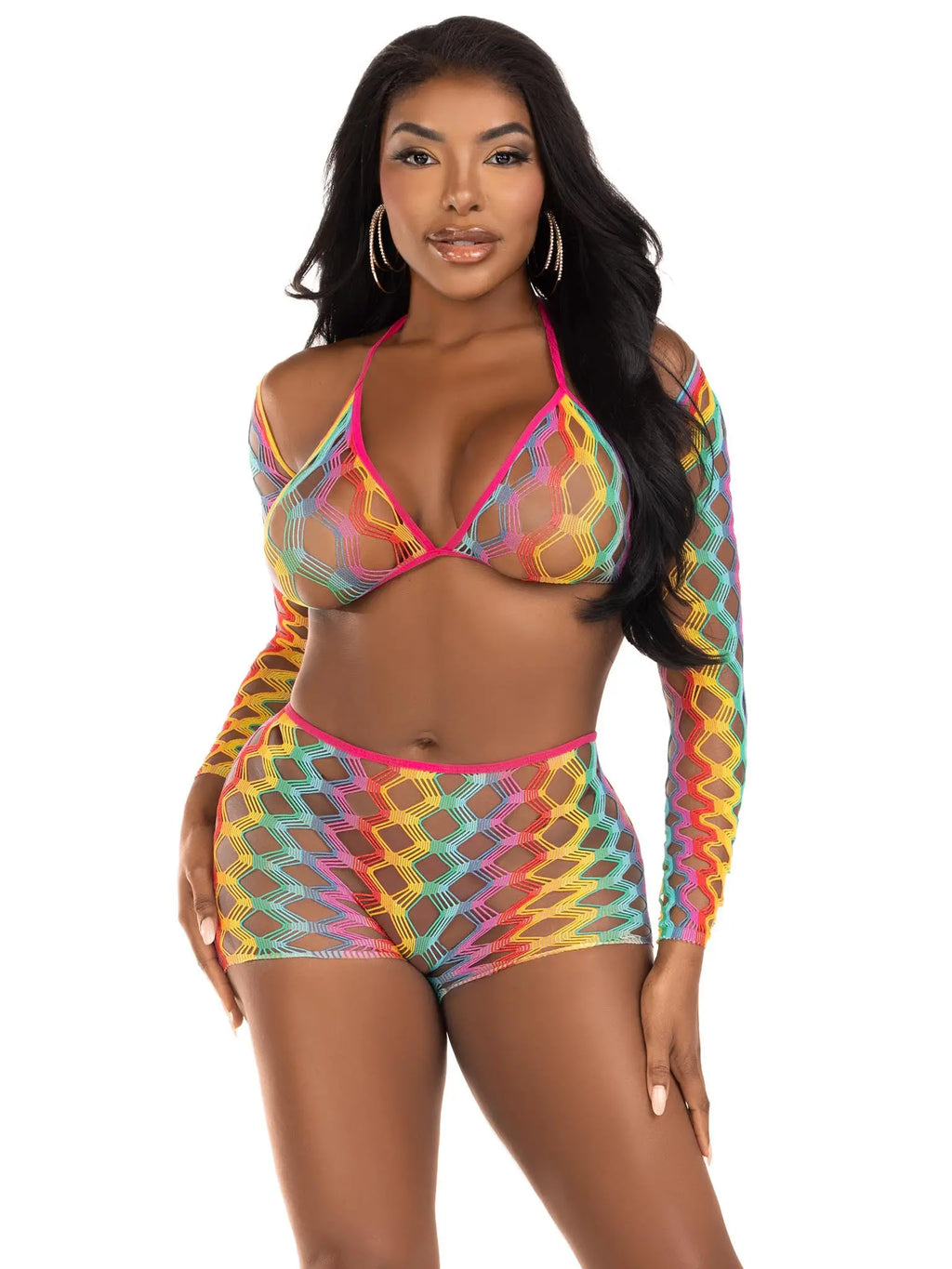 3 Pc Net Bra Top With Shrug and Boy Shorts - One Size - Multicolor – nylon | Fu'Cha Exotics