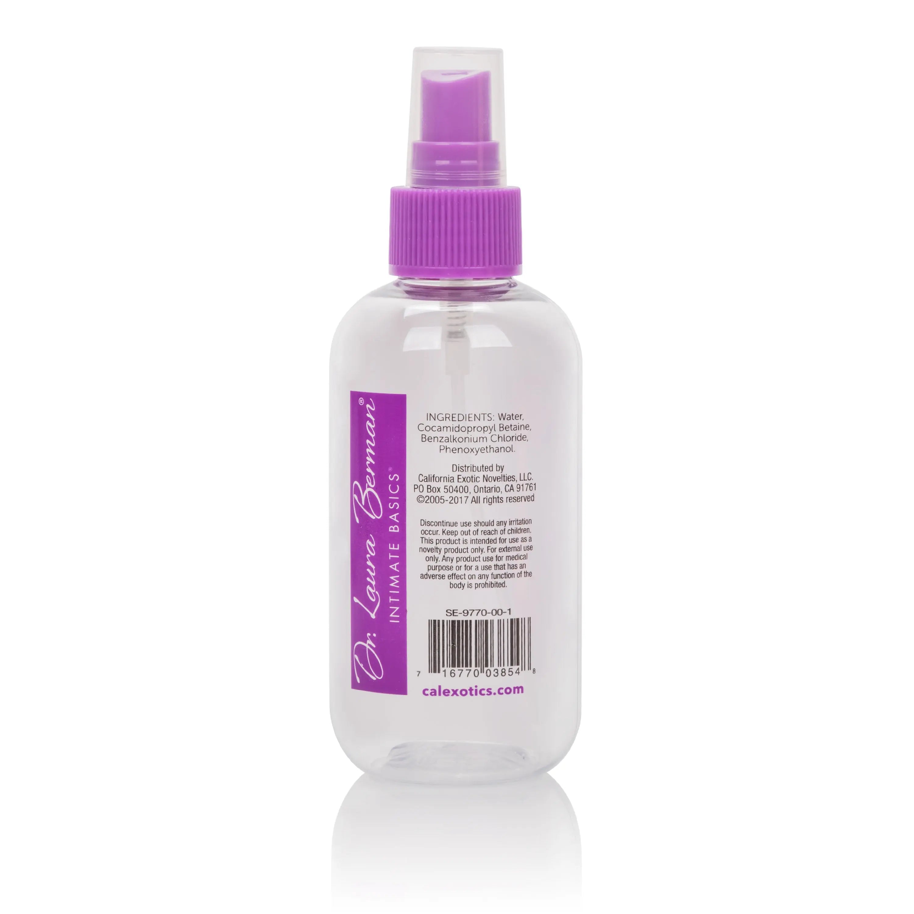 Toy cleaner bottle with purple spray pump, clear liquid container