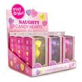 Heart-shaped candy display box with assorted colored packaged candies, 9 pieces.