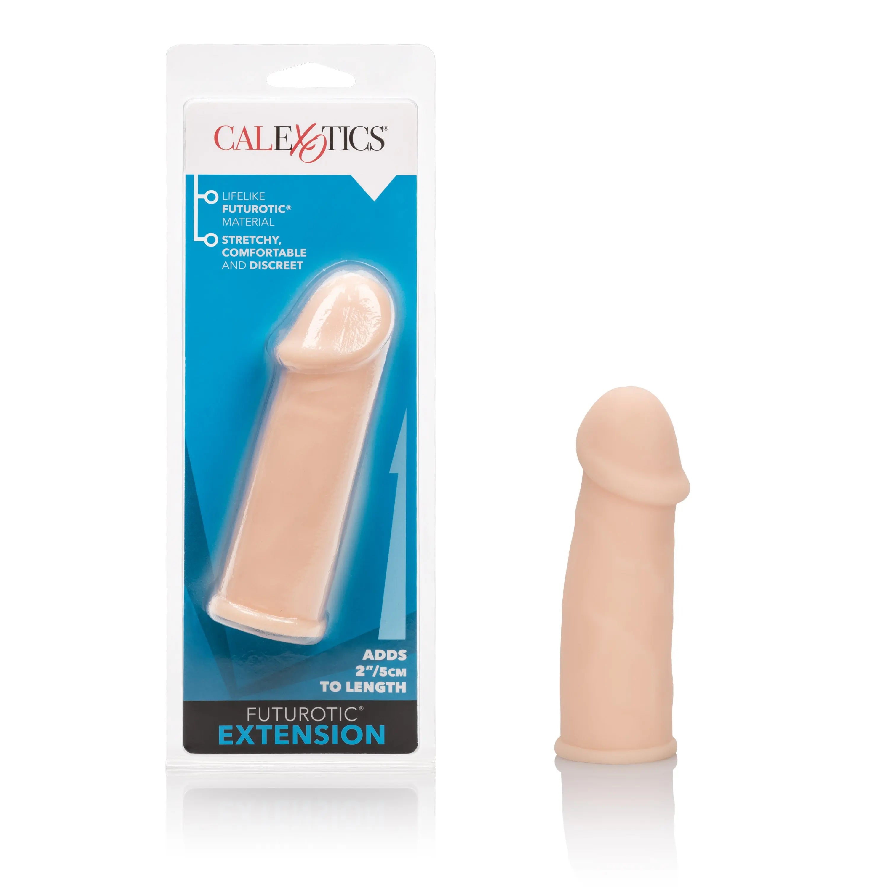 Penis extender sleeve, beige silicone, in blister package with CALExotics branding