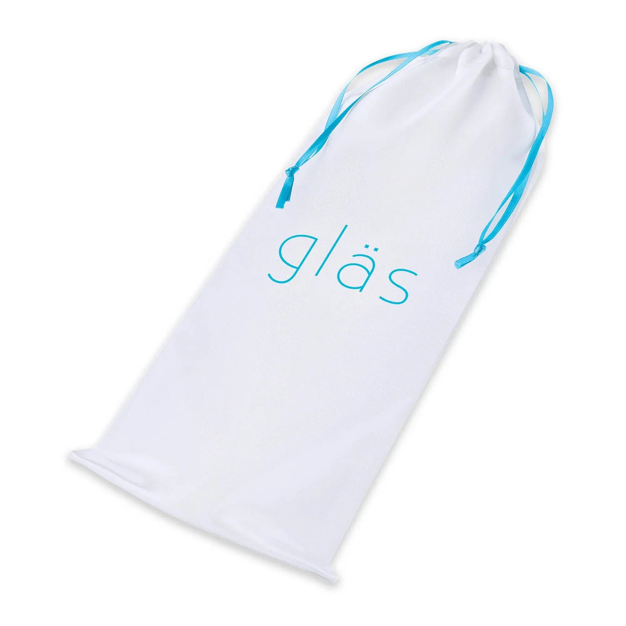 White drawstring pouch for glass dildo, blue strings and logo